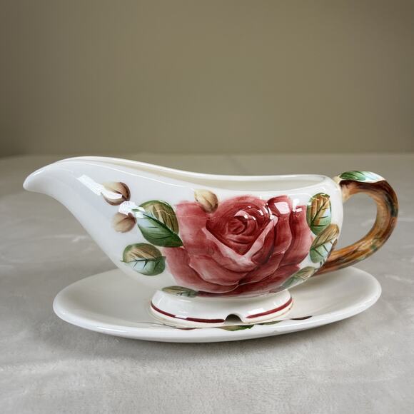 Lefton Americana Rose Pottery Ceramic Gravy Boat With Saucer Rose Floral Design - Picture 1 of 16